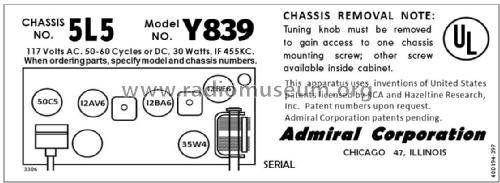 Y839 Ch= 5L5; Admiral brand (ID = 2788936) Radio