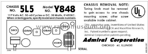 Y848 Ch= 5L5; Admiral brand (ID = 2788938) Radio