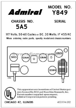 Y849 Ch= 5A5; Admiral brand (ID = 2788918) Radio