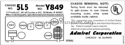 Y849 Ch= 5L5; Admiral brand (ID = 2788939) Radio