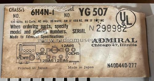 YG507 Ch= 6HN4-1; Admiral brand (ID = 2881394) Radio