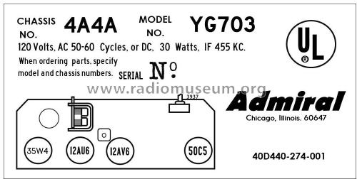 YG703 Ch= 4A4A; Admiral brand (ID = 2844611) Radio