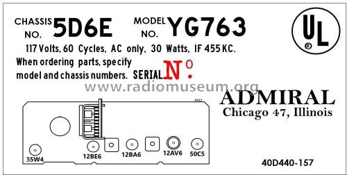 YG763 Ch= 5D6E; Admiral brand (ID = 2793390) Radio