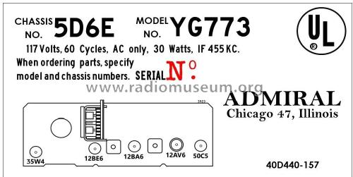 YG773 Ch= 5D6E; Admiral brand (ID = 2793395) Radio