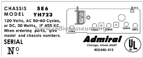 YH723 Ch= 5E6; Admiral brand (ID = 2793690) Radio