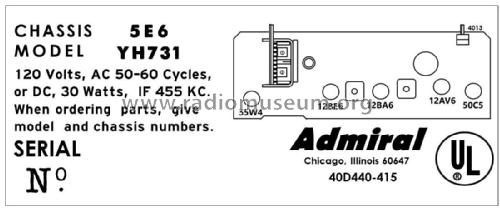 YH731 Ch= 5E6; Admiral brand (ID = 2793692) Radio