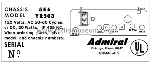 YR503 Ch= 5E6; Admiral brand (ID = 2793687) Radio