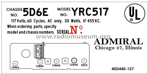 YRC517 Ch= 5D6E; Admiral brand (ID = 2793388) Radio