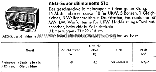 Bimbinette 61L; AEG Radios Allg. (ID = 1425860) Radio