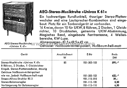 Univox K61 ; AEG Radios Allg. (ID = 1425876) Radio