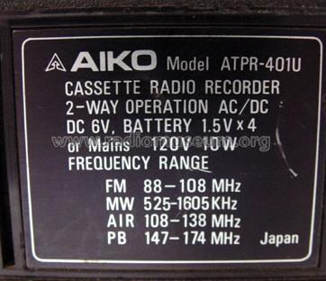 Solid State 4Band Radio+Cassette Recorder ATPR-401U; Aiko Denki Sangyo Co (ID = 745341) Radio