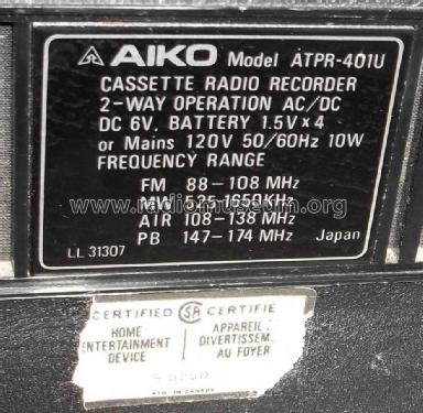 Solid State 4Band Radio+Cassette Recorder ATPR-401U; Aiko Denki Sangyo Co (ID = 1728449) Radio