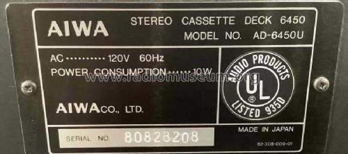 Stereo Cassette Deck AD-6450; Aiwa Co. Ltd.; Tokyo (ID = 2687054) R-Player