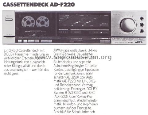 Stereo Cassette Deck AD-F220; Aiwa Co. Ltd.; Tokyo (ID = 2400818) Reg-Riprod