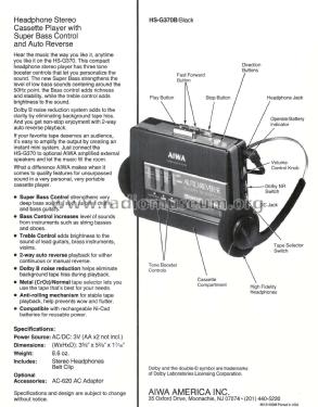 Stereo Cassette Player HS-G370; Aiwa Co. Ltd.; Tokyo (ID = 1951832) R-Player