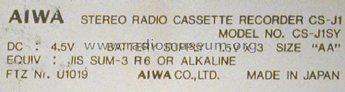 Stereo Radio Cassette Recorder CS-J1; Aiwa Co. Ltd.; Tokyo (ID = 1521412) Radio