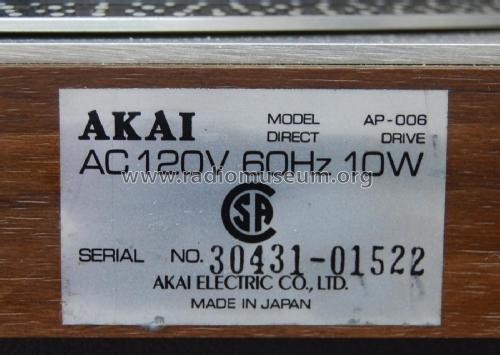 Direct Drive Turntable AP-006; Akai Electric Co., (ID = 2705407) Ton-Bild