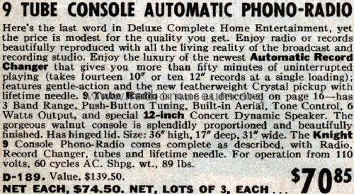 Knight D-189 Console Automatic Phono-Radio; Allied Radio Corp. (ID = 669267) Radio