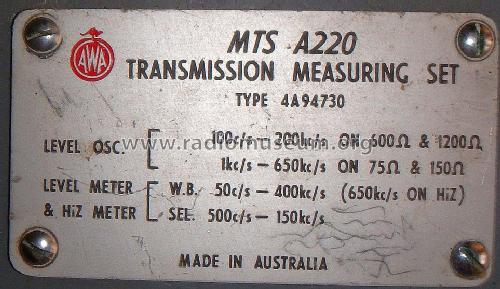 Transmission Measuring set A220 4A94730; Amalgamated Wireless (ID = 2022701) Equipment