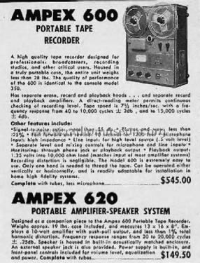 Portable Tape recorder 600; Ampex; San Carlos, (ID = 1802683) Enrég.-R