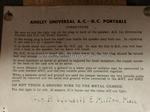 Universal A.C. - D.C. Portable unknown; Ansley Radio; New (ID = 2988733) Radio