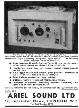 Portable Professional Tape-Recording Equipment Type 8/WB/1; Ariel Sound Ltd.; (ID = 3020423) Reg-Riprod