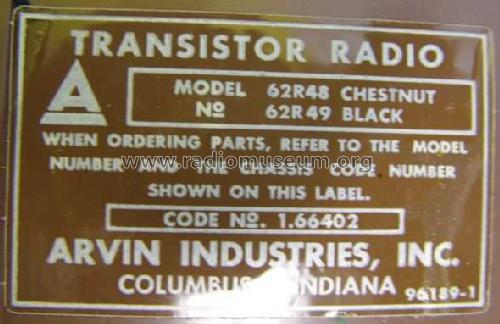 62R48 Ch= 1.66402; Arvin, brand of (ID = 277314) Radio