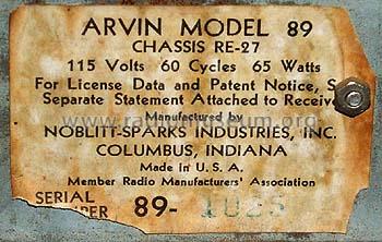 89 Ch= RE27; Arvin, brand of (ID = 362949) Radio