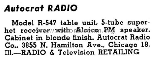 R-547; Autocrat Radio Co.; (ID = 1318831) Radio