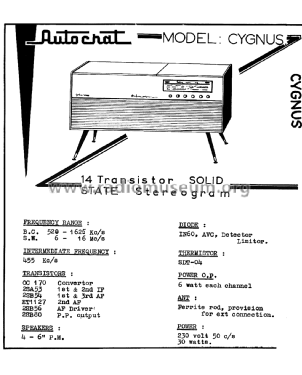 14 Transistor Solid State Stereogram Cygnus; Autocrat Radio Ltd.; (ID = 2981343) Radio