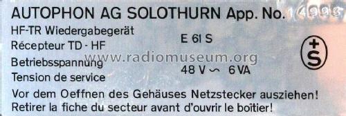 HF-TR Wiedergabegerät E61S; Autophon AG inkl. (ID = 1343022) Radio