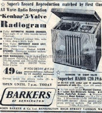 Kenbar 5 Valve Radiogram ; Barker, John & Co. (ID = 2926975) Radio