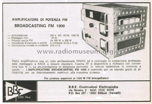 Amplificatore Broadcasting FM 1000; BBE Italy; Biella (ID = 2792297) RF-Ampl.