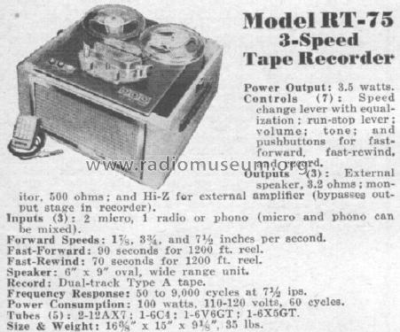 RT-75 Tape Recorder ; Bell Sound Systems; (ID = 403350) Ton-Bild