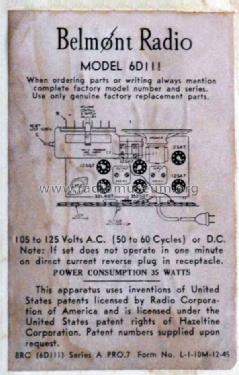 6D111 Ch= Series A; Belmont Radio Corp. (ID = 1702003) Radio