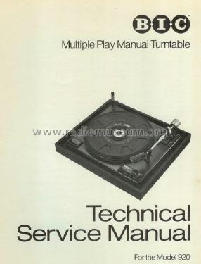 Multiple Play Manual Turntable 920; BIC America; (ID = 1629008) Ton-Bild