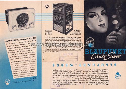 Blaupunkt Autosuper Faltprospekt 1951 ; Blaupunkt Ideal, (ID = 3048417) Paper