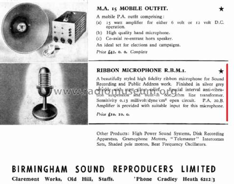 Ribbon Microphone R.B.M.i.; BSR Brand, (ID = 3080930) Microphone/PU