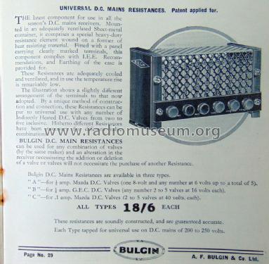 Universal D.C. Mains Resistances A, B and C; Bulgin, A.F.; (ID = 2427011) Power-S