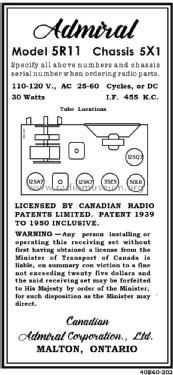 5R11 Ch= 5X1; Canadian Admiral Co. (ID = 2897344) Radio