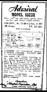 Super Aeroscope 5S23X; Canadian Admiral Co. (ID = 1720034) Radio