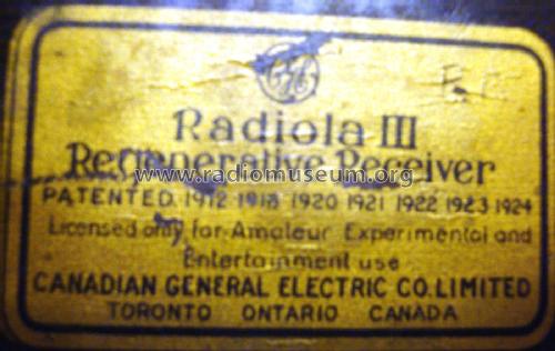 Radiola III Regenerative Receiver ; Canadian General (ID = 2954924) mod-pre26