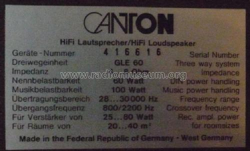 HiFi Lautsprecher / HiFi Loudspeaker GLE 60; Canton; Weilrod (ID = 1780014) Parleur