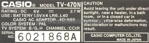 LCD Pocket Color Television TV-470N; CASIO Computer Co., (ID = 1672765) Television