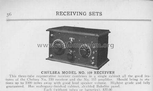 3-Tube Regenerative Receiver Model No. 109; Chelsea Radio Corp. (ID = 1092092) Radio