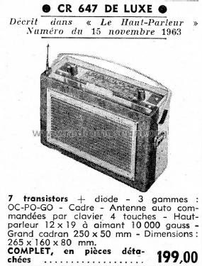 Récepteur portatif et auto CR647 de luxe; Cibot Radio; Paris (ID = 2745697) Radio