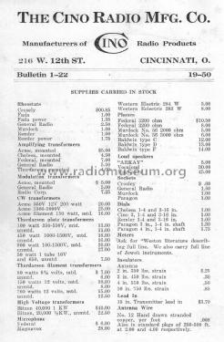 Cino Quality Apparatus Bulletin 1-22; CINO Radio (ID = 2961277) Paper