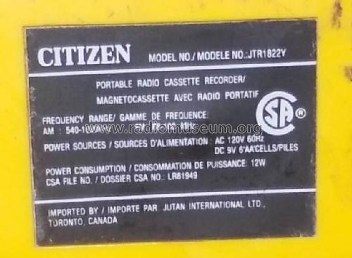 Citizen Portable Radio Cassette Recorder JTR1822Y; JIL J.I.L. Canada (ID = 1925467) Radio