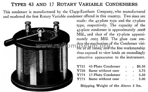 Rotary Variable Condenser Y735 Y736 Y774 Y775; Clapp-Eastham Co.; (ID = 2427630) Radio part