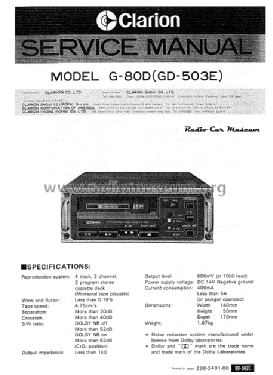 Auto Reverse Stereo Cassette Deck G-80D ; Clarion Co., Ltd.; (ID = 2003251) Ton-Bild